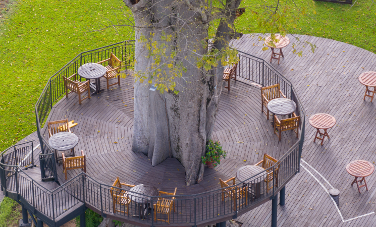 Aerial view of seating at The Dua Clubhouse at The Royal Senchi Hotel & Resort in Ghana