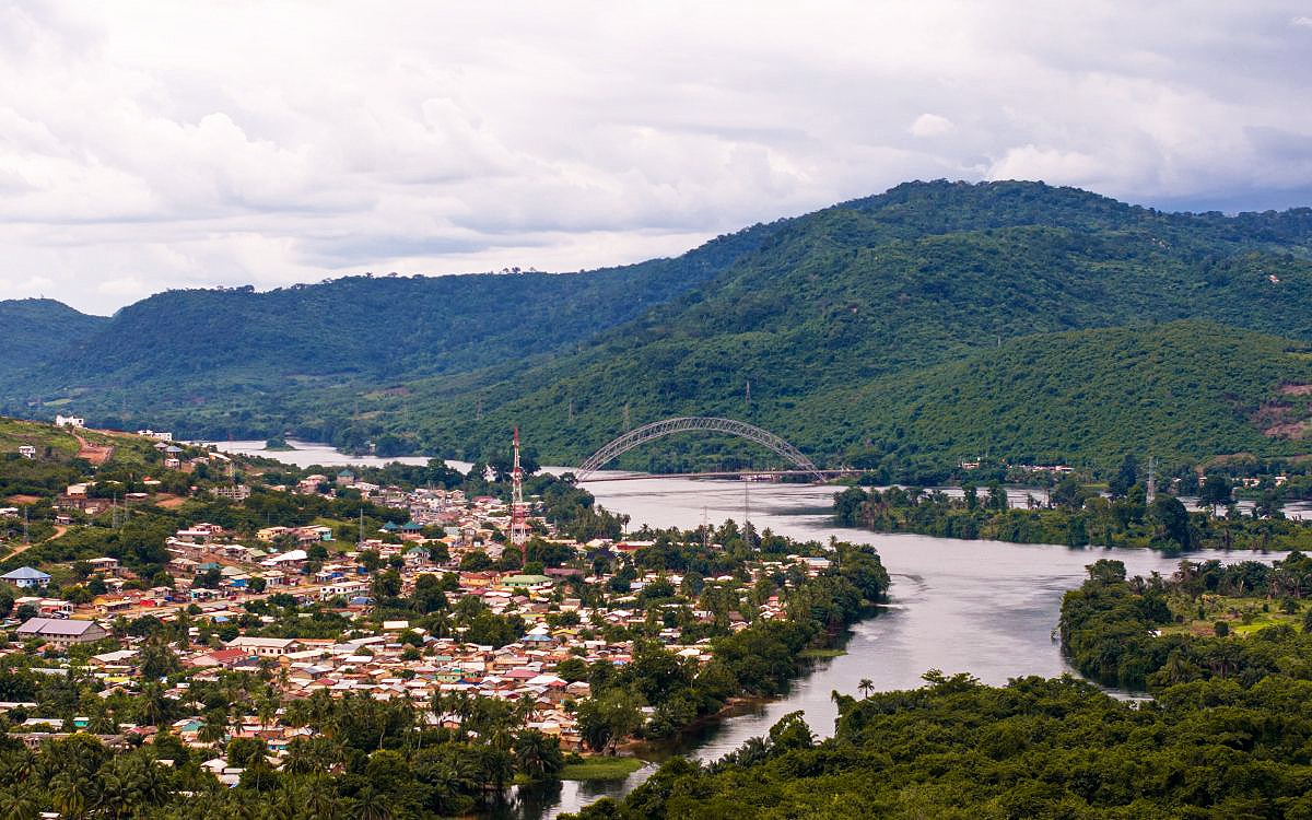An aerial view of the beautiful iconic Adomi Bridge and Volta River in Ghana