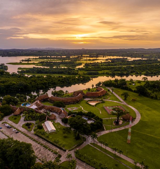 Aerial view of the landscape at The Royal Senchi Hotel & Resort next to the Volta River in Ghana