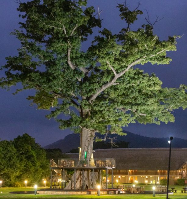 A view of seating at The Dua Clubhouse and Treehouse at night at The Royal Senchi Hotel & Resort in Ghana