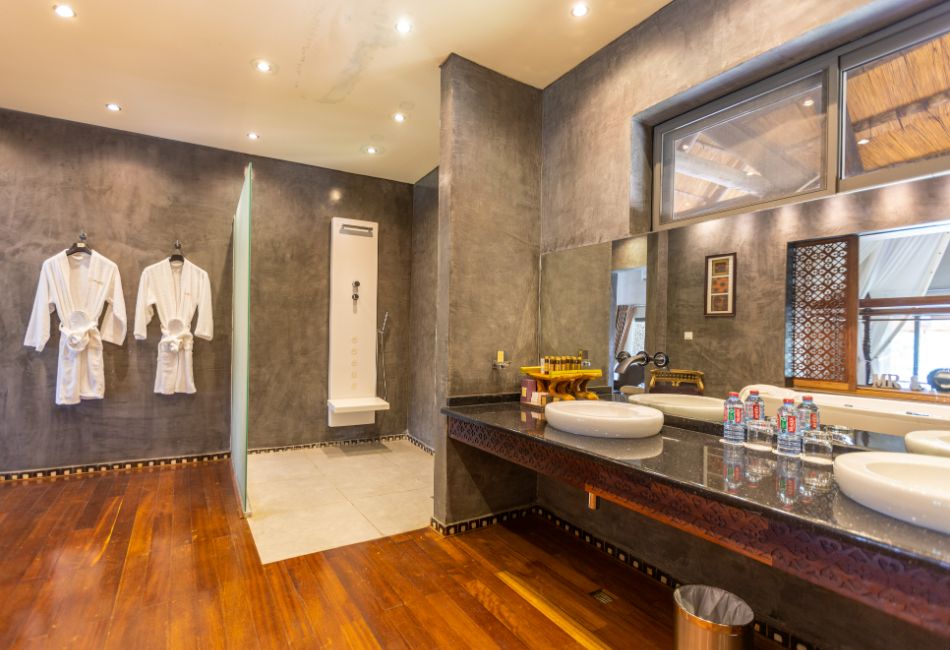View of the bathroom from The Picathartes Presidential Suite at The Royal Senchi Hotel & Resort, Ghana