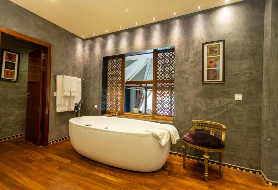 View of the bathtub from The Picathartes Presidential Suite at The Royal Senchi Hotel & Resort, Ghana