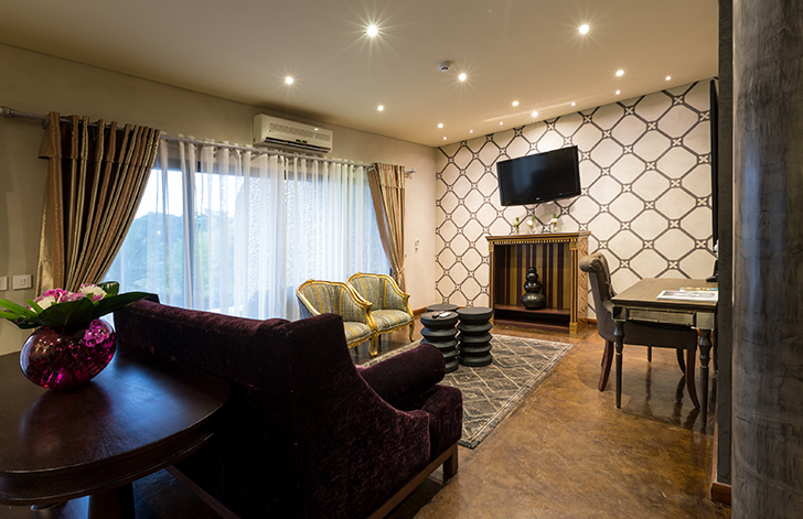 View of the lounge in The Picathartes Presidential Suite at The Royal Senchi Hotel & Resort, Ghana